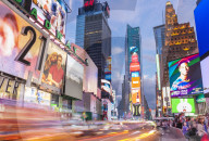 Bright billboards, Busy traffic light trails, Times Square, Broadway, Theatre District, Manhattan, New York, USA, North America