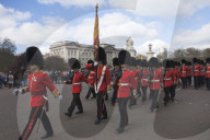 Coldstream Guards parading en route to Buckingham Palace, London, England, UK