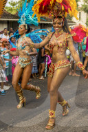 Brazilian samba band in the International Carnival Seychelles, in Victoria, Mahe, Republic of Seychelles, Indian Ocean.