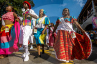 Street parade in the International Carnival Seychelles, in Victoria, Mahe, Republic of Seychelles, Indian Ocean.