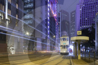 Trams passing Bank of China Building and HSBC Building, Central, Hong Kong, China