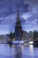 Montelbaan Tower at dusk, Amsterdam, Netherlands