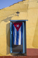 Cuban Flag in Window, Trinidad, UNESCO World Heritage Site, Sancti Spiritus, Cuba