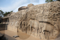 Beautiful 7th century bas relief carved Arjuna's Penance rock, Mahaballipuram, Tamil Nadu