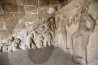Part of the beautiful 7th century bas relief sculpture in the Krishna cave temple, Mahaballipuram, Tamil Nadu