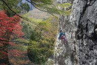 A woman rock climbing at Ogawayama, a mountain on the border of Nagano and Yamanashi prefectures, Honshu, Japan, Asia