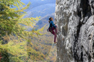A woman rock climbing at Ogawayama, a mountain on the border of Nagano and Yamanashi prefectures, Honshu, Japan, Asia
