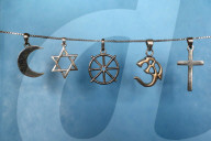 Symbols of islam, judaism, buddhism, hinduism and christianity.