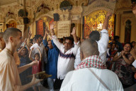 Dancing and chanting at Krishna-Balaram temple, Vrindavan, Uttar Pradesh. India.