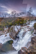 UK, Scotland, Highland, Glen Coe, River Coupall, Coupall Falls and Buachaille Etive Mor