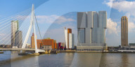 Netherlands, South Holland, Rotterdam, Erasmusbrug, Erasmus Bridge and Wilhelminakade 137, De Rotterdam, The Rotterdam Building
