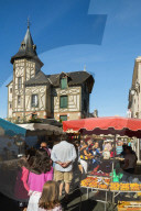 Busy Rue de Temple on popular market day at this pretty south western historic bastide town. Eymet; Bergerac; Dordogne; France