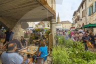 Place Gambetta on popular Thursday market day in this south western historic bastide town. Eymet; Bergerac; Dordogne; France