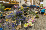 Flower stall in Place Gambetta on popular market day at this south west historic bastide town. Eymet; Bergerac; Dordogne; France