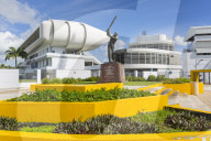 Garfield Sobers statue and The Kensington Oval Cricket Ground, Bridgetown, St. Michael, Barbados, West Indies, Caribbean, Central America