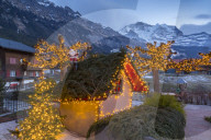 Christmas lights near Dorfstrasse in Wengen, Jungfrau region, Bernese Oberland, Swiss Alps, Switzerland, Europe