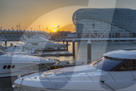 The Yas Viceroy Hotel and Yas Marina at sunset, Abu Dhabi, Yas Island Abu Dhabi, UAE, Middle East, Asia