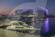 The Yas Viceroy Hotel and Yas Marina at dusk, Abu Dhabi, Yas Island Abu Dhabi, UAE, Middle East, Asia