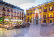View of restaurants in Plaza del Obispo at dusk, Malaga, Costa del Sol, Andalusia, Spain, Europe