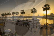 Sunset over Malaga Marina, Malaga, Costa Del Sol, Andalusia, Spain, Europe