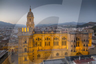 Elevated view of Malaga Cathedral at dusk, Malaga, Costa Del Sol, Andalusia, Spain, Europe