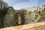 View of Ronda and Puente Nuevo from Jardines De Cuenca, Ronda, Andelusia, Spain, Europe