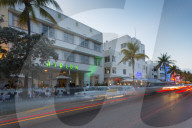 Ocean Drive restaurants and Art Deco architecture at dusk, South Beach, Miami Beach, Miami, Florida, United States of America, North America