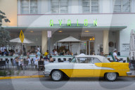 View of Art Deco architecture of Avalon Hotel and classic car, South Beach, Miami Beach, Miami, Florida, United States of America, North America