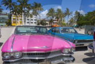 Classic cars on Ocean Drive and Art Deco architecture, Miami Beach, Miami, Florida, United States of America, North America