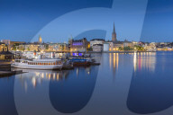 View of Riddarholmen and Sodermalm at dusk from near Town Hall, Stockholm, Sweden, Scandinavia, Europe