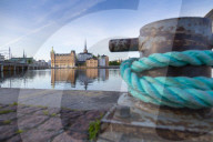 View of Quayside rope and Riddarholmen at dawn from near Town Hall, Stockholm, Sweden, Scandinavia, Europe