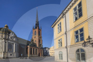 View of Riddarholmen Church at dusk, Riddarholmen, Stockholm, Sweden, Scandinavia, Europe