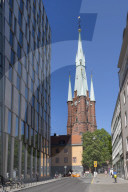 View of The Church of Saint Clare or Klara Church and contemporery architecture, Stockholm, Sweden, Scandinavia, Europe