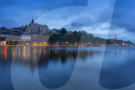 Skyline of Sodermalm at dusk reflection in water, Stockholm, Sweden, Scandinavia, Europe