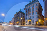 Architecture on Skeppsbron at dusk, Gamla Stan, Stockholm, Sweden, Scandinavia, Europe