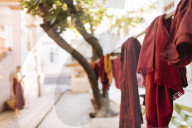Buddhist Monk robes hanging to dry, Amarapura, Mandalay, Mandalay Region, Myanmar