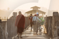 Early morning pedestrian traffic on U-Bein Bridge, Amarapura, Mandalay, Mandalay Region, Myanmar