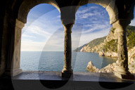 View of Cinque Terre cliffs from st Peters church Portovenere