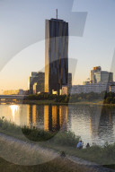 Austria, Vienna, Donau City and DC building reflecting in New Danube River