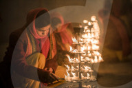 Ganga Aarti Hindu ceremony at Assi Ghat at dawn, Varanasi, Uttar Pradesh, India