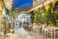 Restaurants at night, Athens, Plaka District, Attica Region, Greece