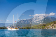 Gulet sailing ship cruise in a bay at Phaselis near Kemer, Antalya Province, Mediterranean Coast, Turkey