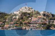 Simena Castle seen from Kekova Bay, Antalya Province, Lycia, Anatolia, Mediterranean Sea, Turkey