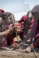 Masai men lighting fire using traditional methods, Masai Mara Village in National Reserve, Kenya.