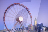 Hong Kong Cityscape With The Hong Kong Observation Wheel At Dusk, Hong Kong, China, South East Asia