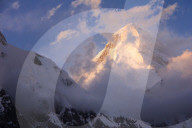 Khan Tengri Glacier viewed at sunset from the Base Camp, Central Tian Shan Mountain range, Border of Kyrgyzstan and China, Kyrgyzstan