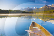 Canoe on Herbert Lake at Sunrise, Banff National Park, Alberta, Canada