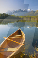 Canoe on Herbert Lake at Sunrise, Banff National Park, Alberta, Canada