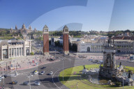 View over Placa d'Espanya (Placa de Espana) to Palau Nacional /Museu Nacional d'Art de Catalunya, Barcelona, Catalonia, Spain