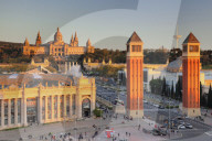 View over Placa d'Espanya (Placa de Espana) to Palau Nacional /Museu Nacional d'Art de Catalunya, Barcelona, Catalonia, Spain